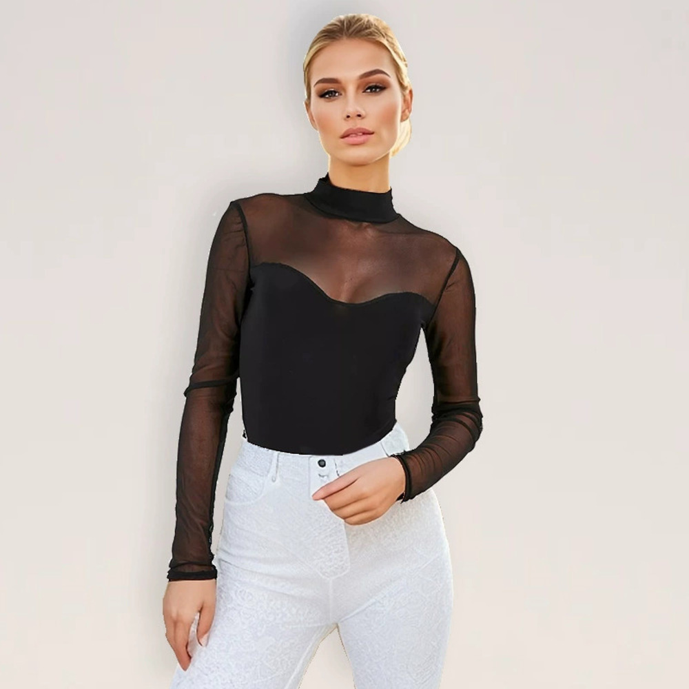 ZARA Sexy Black Mesh Panel Long Sleeve Slim Fit Summer Bodysuit for Women